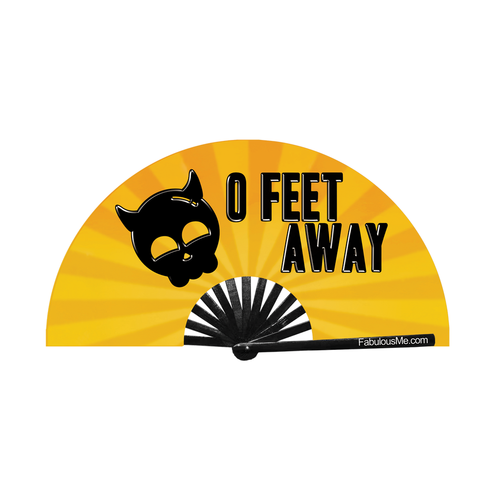 Black print 0 Feet away bamboo hand fan by fabulous me fans on Gold and yellow UV glow fabric. For circuit parties, raves, and festivals.