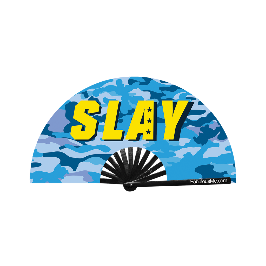 blue military slay neon circuit party uv glow bamboo hand fan by fabulous me fans festival rave gear clack