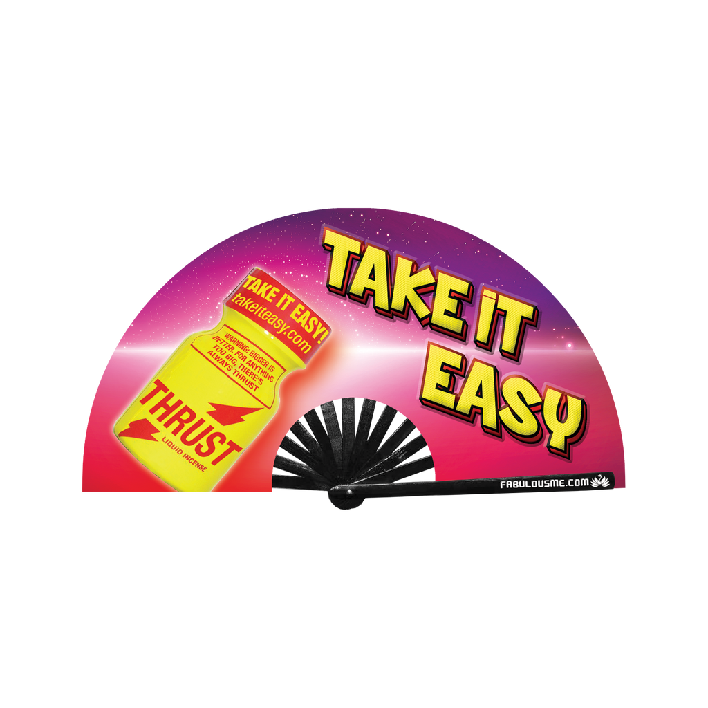 Take It Easy Fan Neon circuit party fan (can be used for circuit parties, raves, EDM festivals, parties, music festivals). Made with nylon fabric and bamboo ribs, made by FabulousMe fans.