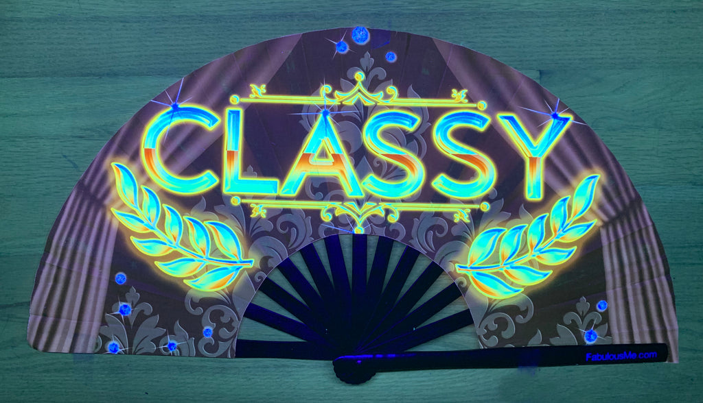 classy bamboo circuit party uv glow hand fan by Fabulous me fans for raves edm festivals clack