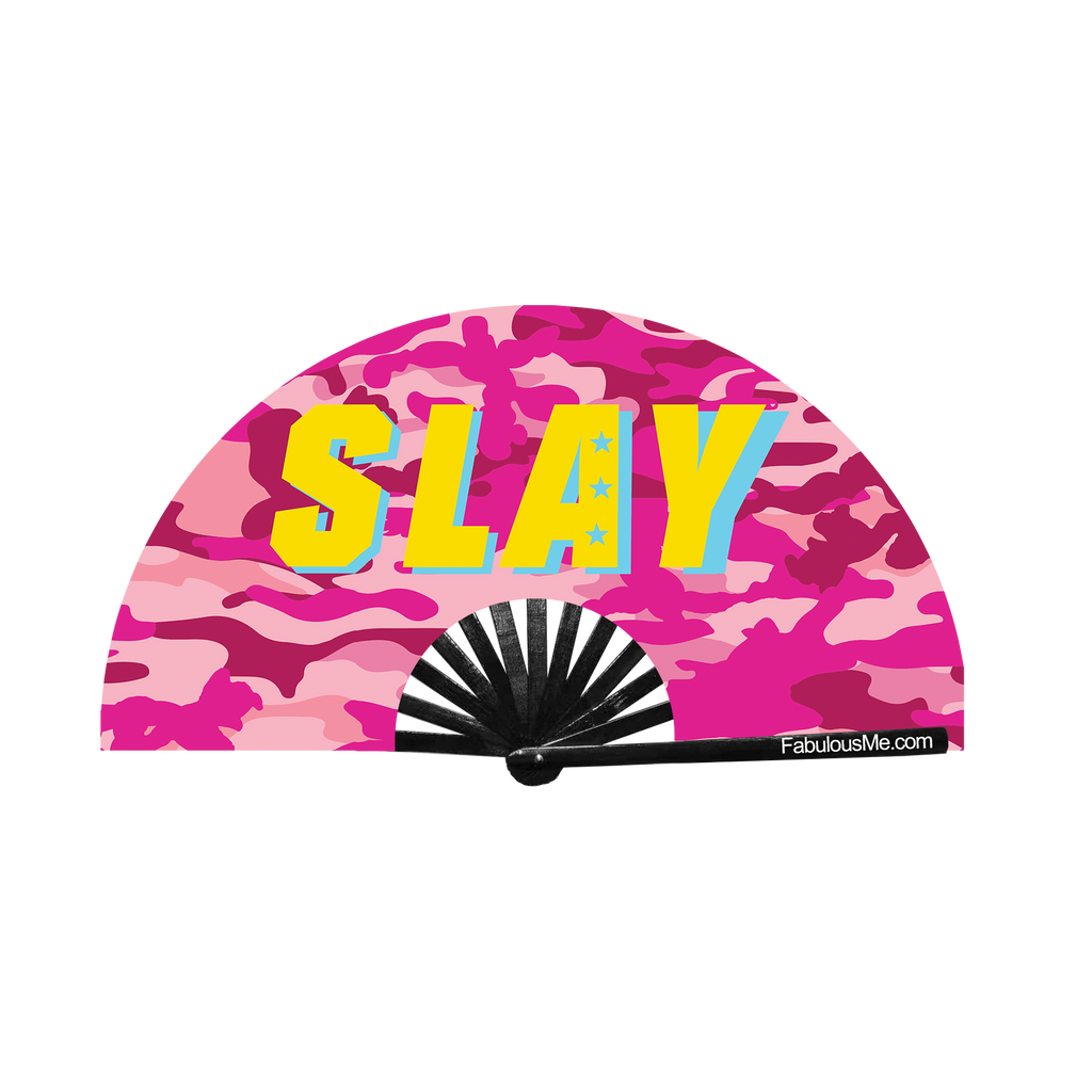 pink military slay camouflage circuit party fan (can be used for circuit parties, raves, EDM festivals, parties, music festivals). Made with nylon fabric and bamboo ribs, made by FabulousMe fans. 