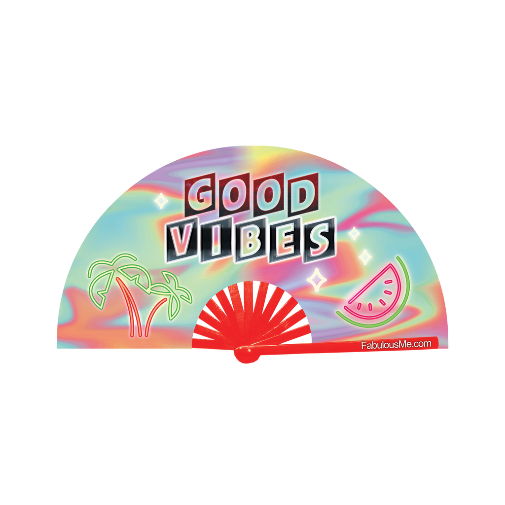 Good vibes neon bamboo circuit party hand fan by Fabulous me fans for raves edm festivals clack