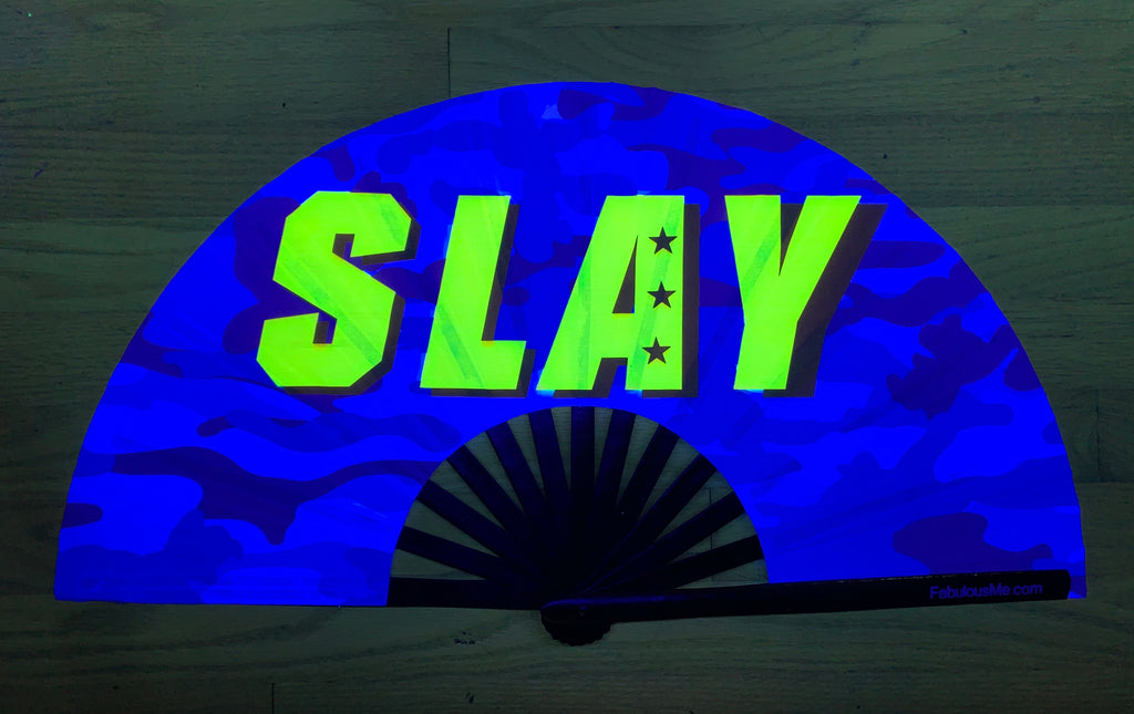 blue slay circuit party uv glow hand fan by fabulous me, circuit fan, edm fan, rave fan by fabulousme.com fabulousme fwap slay