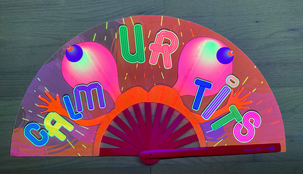 calm your tits circuit party uv glow bamboo hand fan by fabulous me