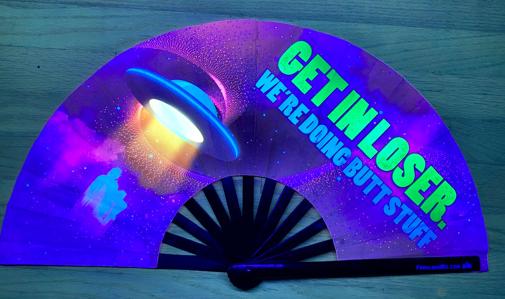 get in loser circuit party uv glow bamboo hand fan by fabulous me