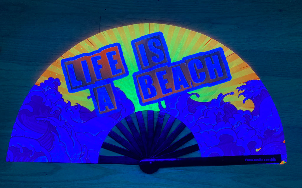 life is a beach circuit party uv glow bamboo hand fan by fabulous me