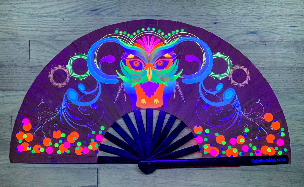 Neon Owl bamboo circuit party uv glow fan by Fabulous me fans for raves edm festivals clack