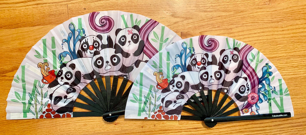 Plur Panda (pandamonium) circuit party mini fan (can be used for circuit parties, raves, EDM festivals, parties, music festivals). Made with nylon fabric and bamboo ribs, made by FabulousMe fans. 