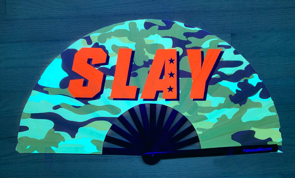 military slay circuit party uv glow bamboo hand fan by fabulous me fans festival rave gear clack