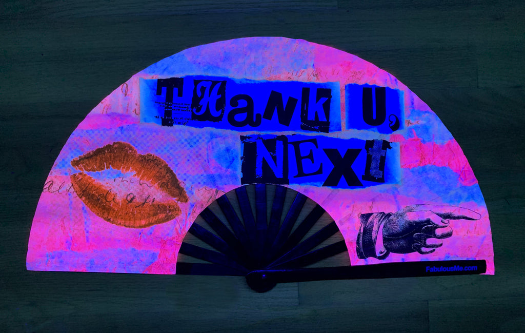 Ariana Grande inspired bamboo Thank U Next Circuit Party Fan that also UV Glows by fabulous me fans