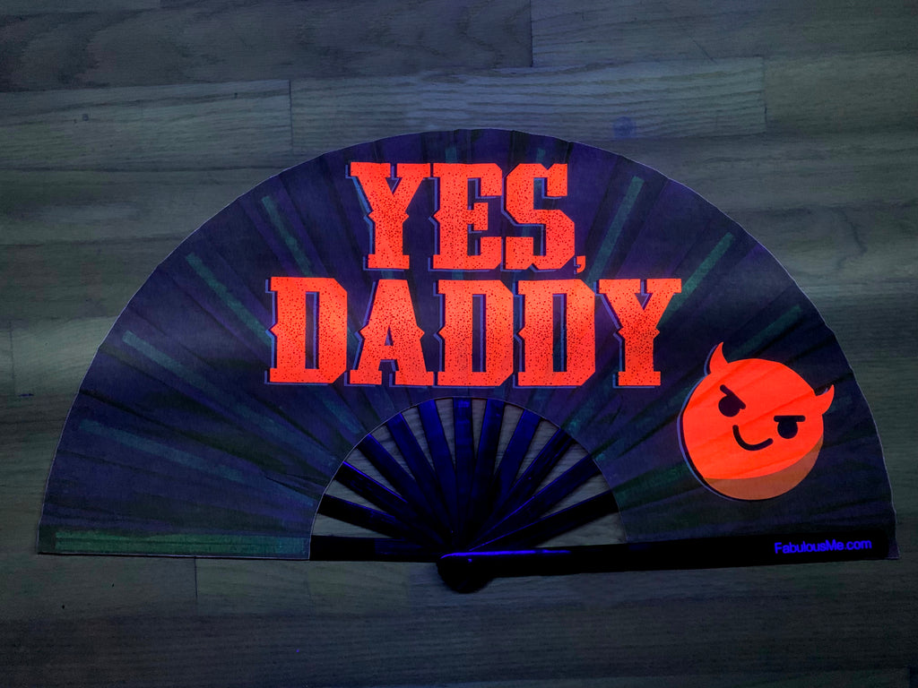 Yes Daddy bamboo circuit party uv glow fan by Fabulous me fans for raves edm festivals 