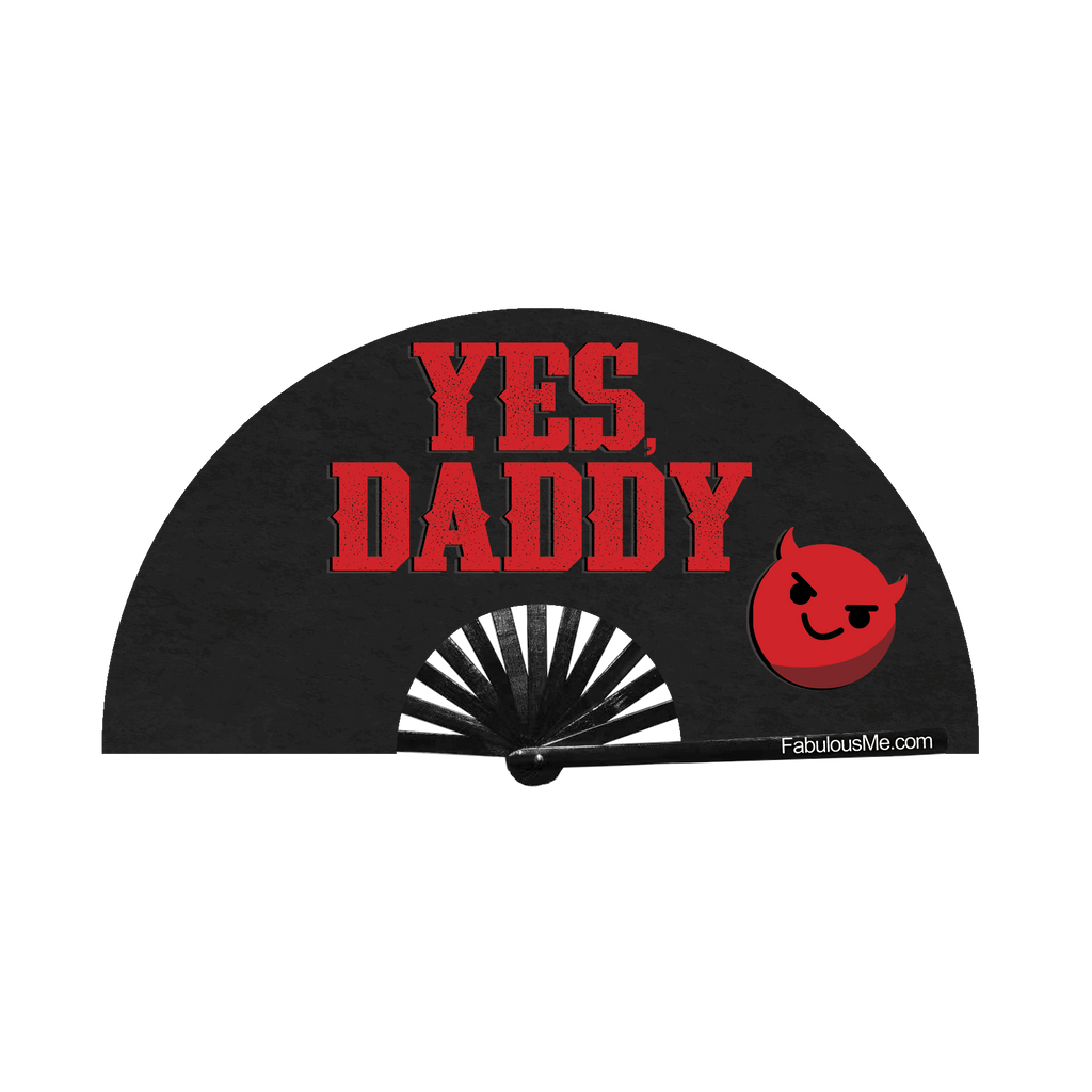 Yes Daddy (emoji) circuit party fan (can be used for circuit parties, raves, EDM festivals, parties, music festivals). Made with nylon fabric and bamboo ribs, fan also UV Glows  (UV Reactive) made by FabulousMe fans 